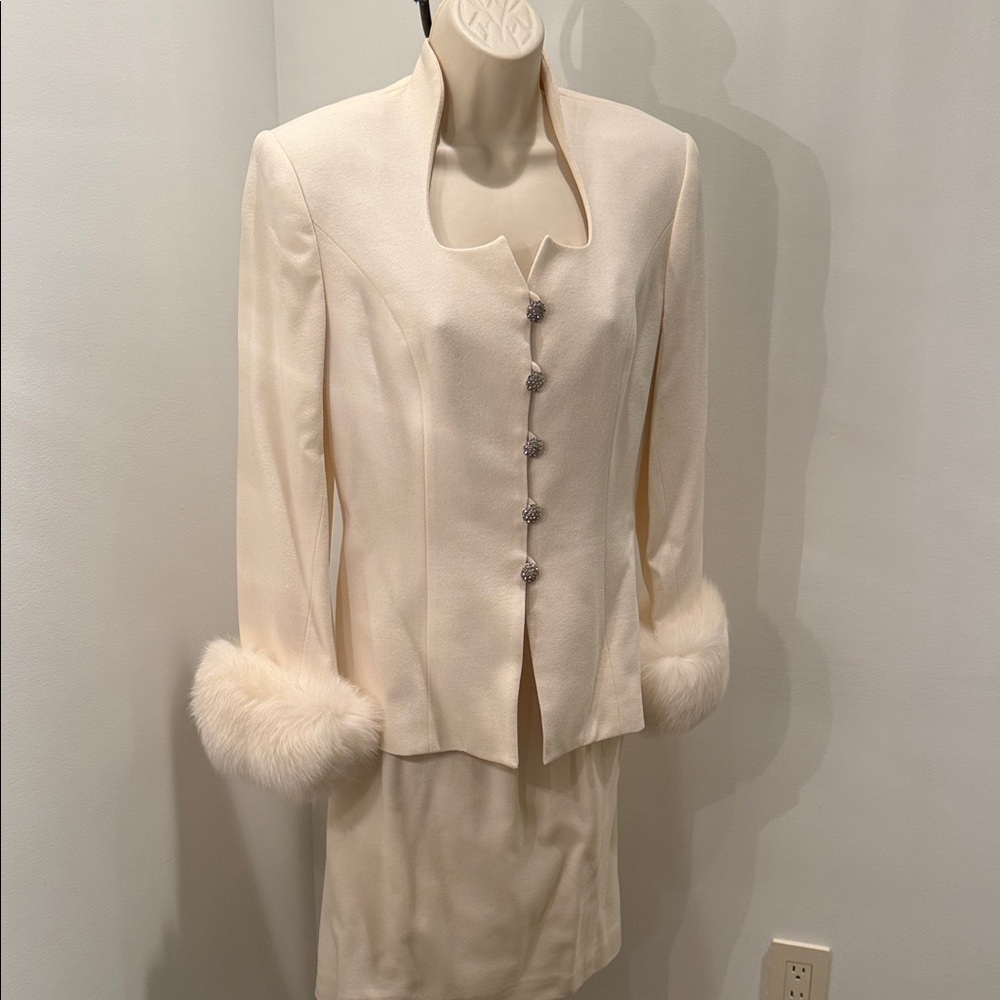 Vintage Glamorous Jacket & Skirt Set with  Fur Cuffs & Rhinestone Buttons